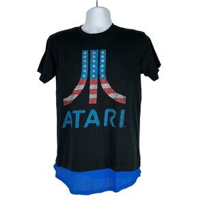 Atari Graphic Black T Shirt Mens Size Large USA Flag Crest Logo Layered Mesh Hem